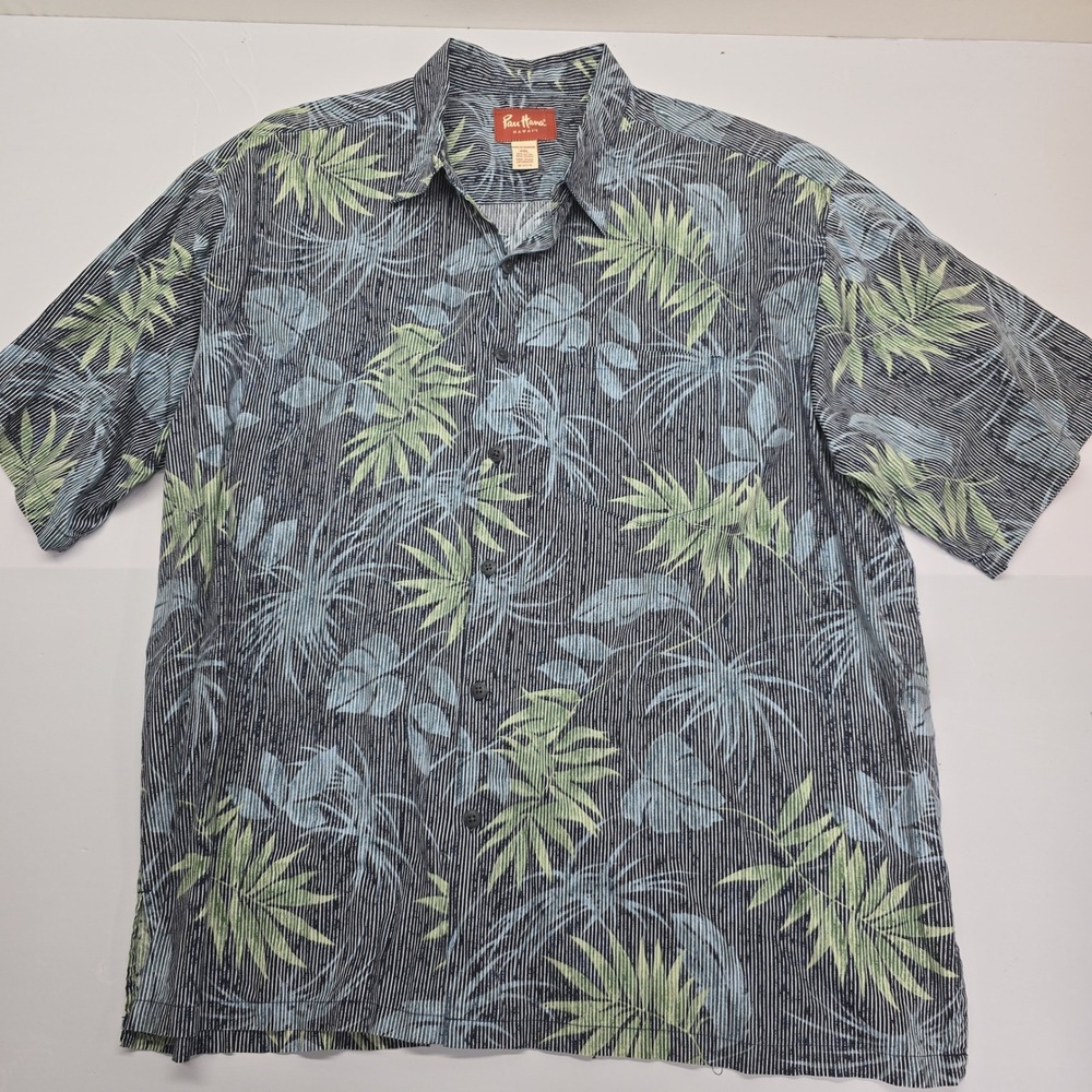 Pau Hana Hawaii Mens 3XL Tropical Palm Leaf Striped Button Down Shirt Navy Green